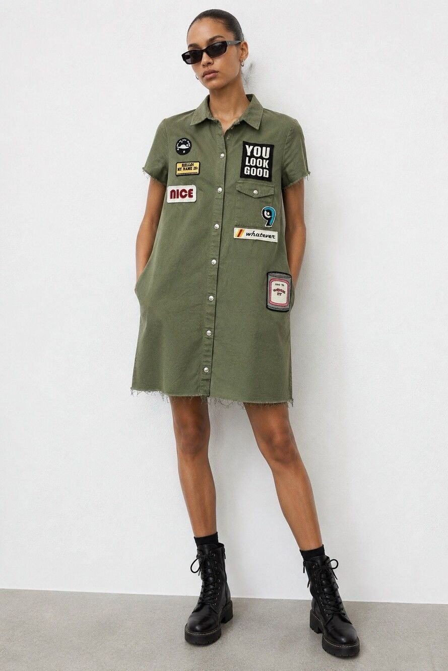 Zara Trafaluc Olive Patch Utility Shirt Dress Raw Hem Button Front Size L